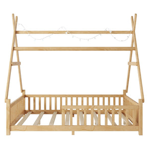 English Elm Twin Montessori Floor Bed House Frame with Led Lighting and Safety Rails for Kids Natural W2593P440591