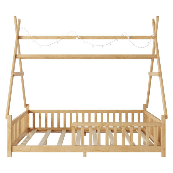 English Elm Twin Montessori Floor Bed House Frame with Led Lighting and Safety Rails for Kids Natural W2593P440591