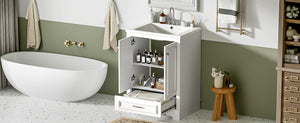 English Elm 24'' Bathroom Vanity with Ceramic Sink Combo Modern Freestanding MDF Cabinet with Soft-Close Doors and Sleek Silver Handles for Spacious Organized Bathroom Storage White N710P194893K