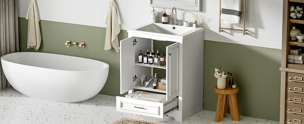 English Elm 24'' Bathroom Vanity with Ceramic Sink Combo Modern Freestanding MDF Cabinet with Soft-Close Doors and Sleek Silver Handles for Spacious Organized Bathroom Storage White N710P194893K