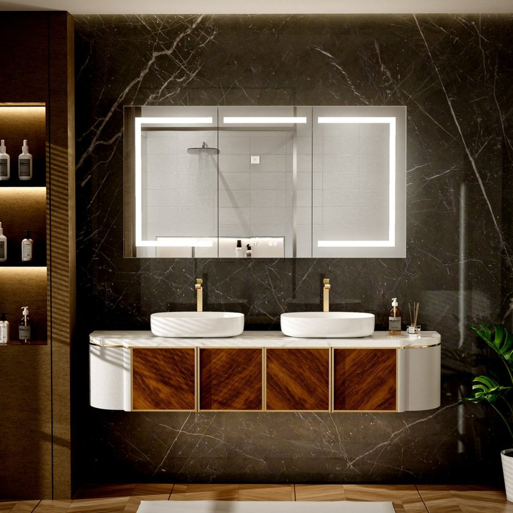 English Elm 60"x32" Led Medicine Cabinet with Anti-fog Mirror Adjustable Shelves and Built-in Clock W637P349659
