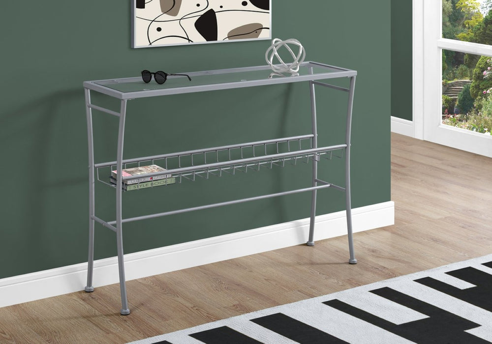 English Elm Accent Glass Top Console Table Silver Arched Legs Slim Entryway Sofa Modern B2710P218951