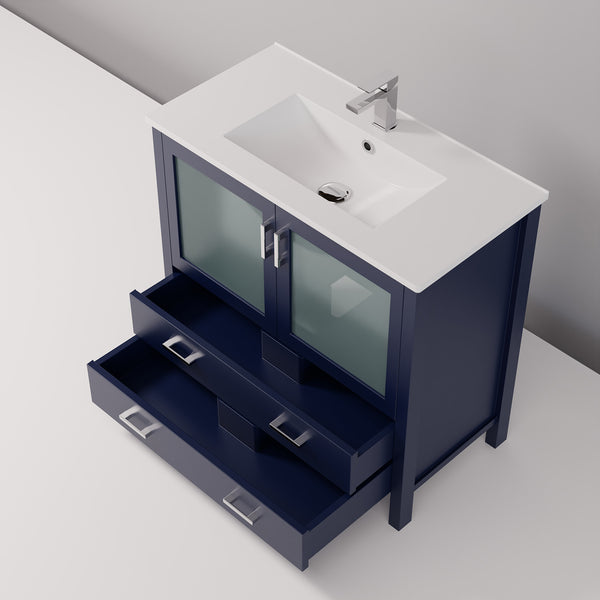 English Elm Navy 36" Bath Vanity with White Ceramic Top, Soft-Close Drawers & Chrome Faucet — Durable, Stylish B2731P260517