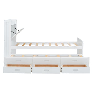 English Elm Twin Storage Bed with Headboard Outlets, Extendable Trundle & 3 Drawers, Durable MDF/Plywood Design White 80.5 L x 17.75 W x 5.25 H N733S172839K