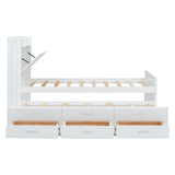 English Elm Twin Size Wooden Bed With Storage Headboard With Outlets, Extendable Bed With Twin Size Trundle With Three Storage Drawers,White