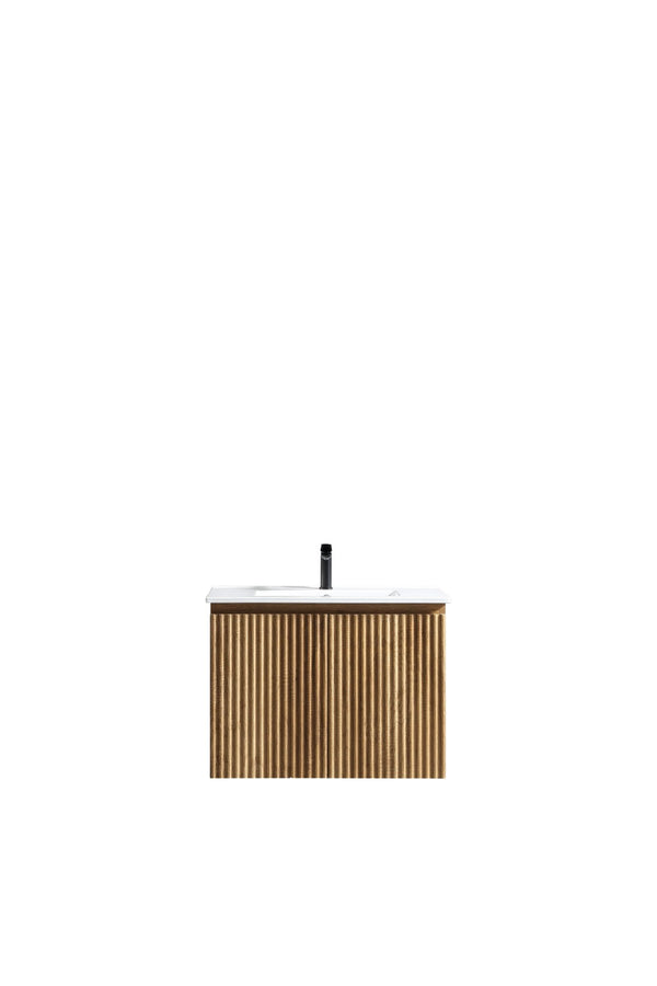 English Elm 30 Inch Floating Bathroom Vanity Fluted Wood Grain Front with Ceramic Integrated Sink Golden Oak W3520S00030