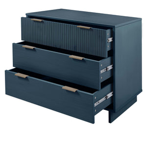 English Elm Granville 38" Dresser In Luxurious Midnight Blue - 3 Drawers, Ribbed Design, Gold Hardware, Modern Glam B365S00077