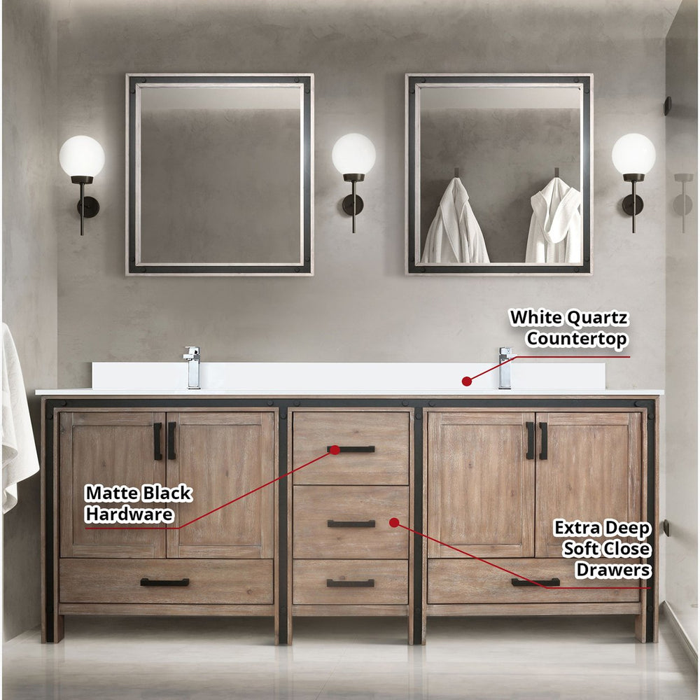 English Elm Rustic Barnwood Double Bath Vanity 84" W x 22" D with White Quartz Top, Chrome Faucets & 34" Mirrors B2731S01137