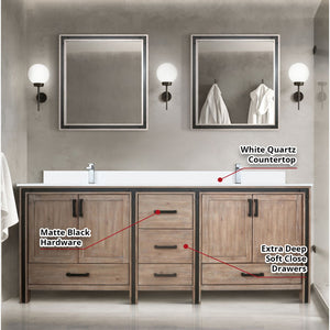 English Elm Rustic Barnwood Double Bath Vanity 84" W x 22" D with White Quartz Top, Chrome Faucets & 34" Mirrors B2731S01137