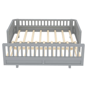 English Elm Twin Size Platform Bed With Guardrails - Stylish, Solid Wood Frame Converts To Double Twin, Grey W1580S00240-GIGA