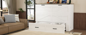 English Elm Queen Farmhouse Murphy Cabinet Bed with Charging Station and Storage Drawer White N733S361778W
