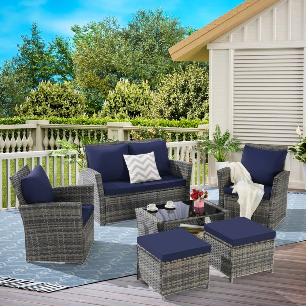 English Elm 6 Piece Outdoor Wicker Sectional with Tempered Glass Table and Weather Resistant Cushions W874P264692