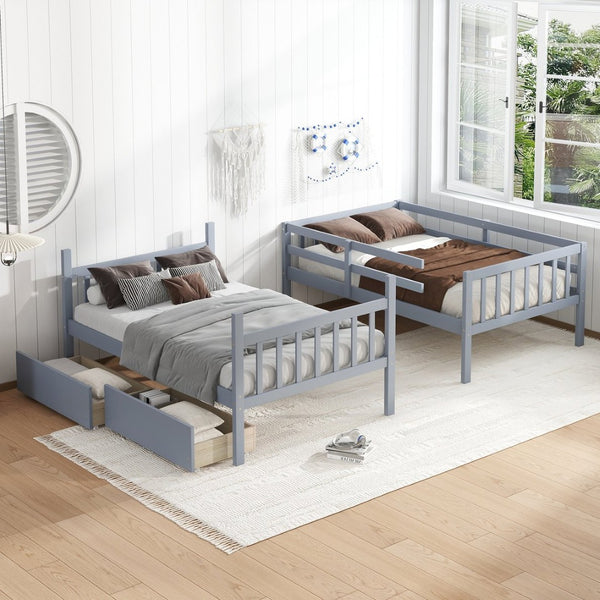 English Elm Twin Bunk Bed With Drawers - Space-Saving Convertible Twin Over Twin Design In Grey With Safety Features W504S00198-GIGA