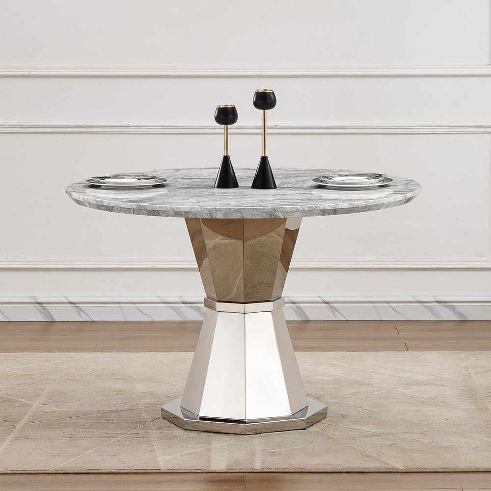 English Elm 47" Round Marble Dining Table - Stylish Faux Marble Top & Durable Stainless Steel Base For Any Space W3456S00004