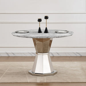 English Elm 47" Round Marble Dining Table - Stylish Faux Marble Top & Durable Stainless Steel Base For Any Space W3456S00004