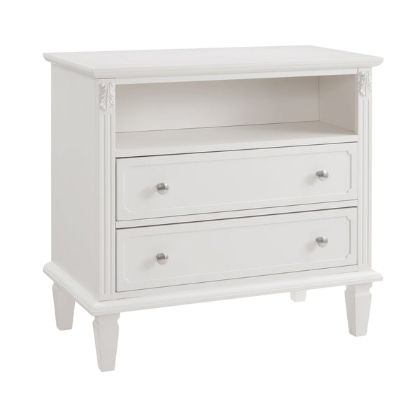 English Elm Open Dresser Nightstand with Charging Station and Open Shelf, 2 Drawers, Solid Wood Legs, Farmhouse Appeal White W1693P216932