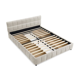 English Elm Queen Chenille Upholstered Platform Bed with Storage Drawers and Padded Headboard Beige W487P235287