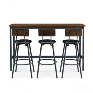 English Elm Bar Table Set with 3 Pu Leather Stools Industrial Steel Frame Rustic Dining Nook W3204P428249