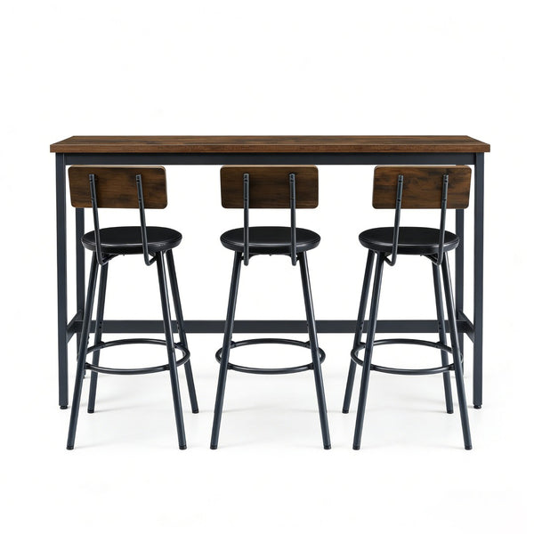 English Elm Bar Table Set with 3 Pu Leather Stools Industrial Steel Frame Rustic Dining Nook W3204P428249