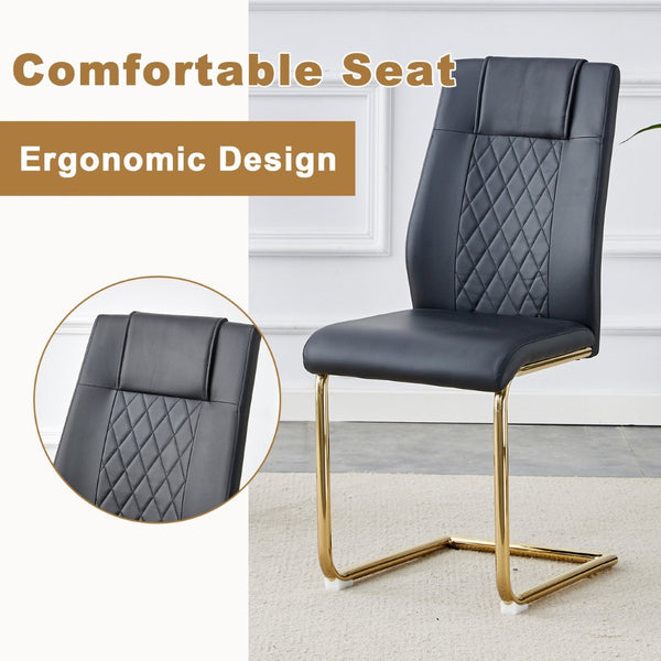 English Elm Table Set: Luxurious 71" Pandora Glass Dining Table With Golden Legs & 8 Stylish Black Pu Chairs W1151S03226-GIGA