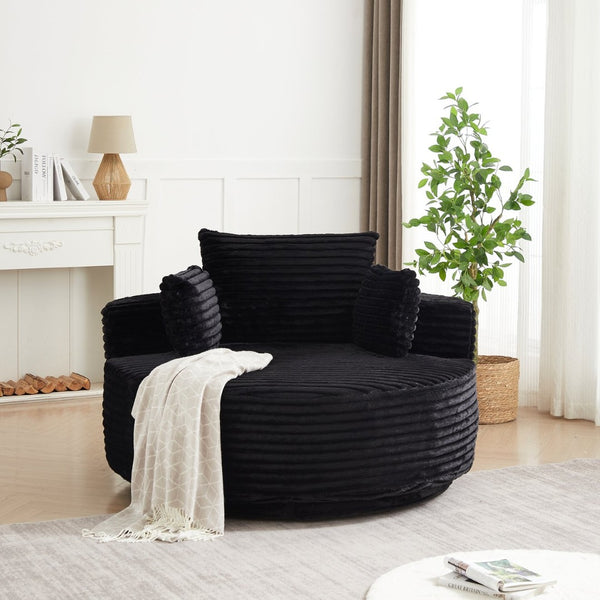 English Elm 55''l 55'l Faux Rabbit Fur Barrel Swivel Chair Cozy 360 Rotation Lounge Seat for Bedroom Black W834S00597