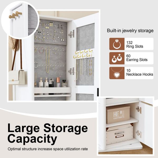 English Elm 360° Rotating Tower Cabinet with Full Length Mirror Open Shelving and Jewelry Storage White W509P456172