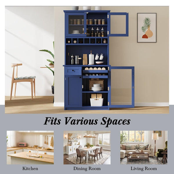 English Elm Topmax Farmhouse Buffet Hutch with Wine Rack Shaker Glass Pantry Cabinet Blue N717P327043C