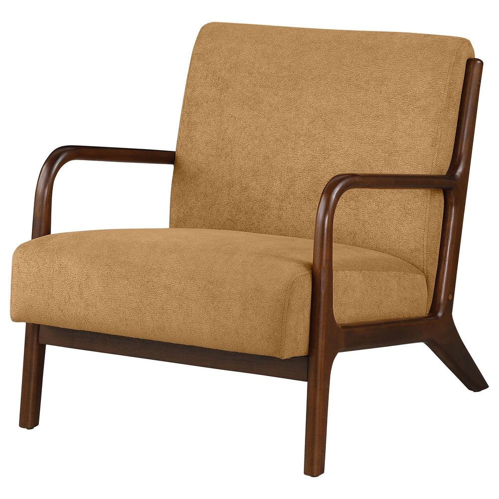 English Elm 1pc Mid-century Modern Accent Armchair with Curved Wood Frame, Soft Upholstery, Splayed Legs for Cozy Spaces Cappuccino,Honey 32 L x 31 W x 18.25 H B011P308535