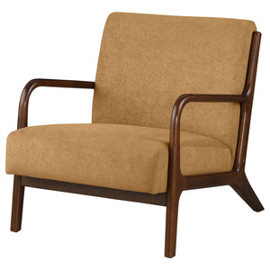 English Elm 1pc Mid-century Modern Accent Armchair with Curved Wood Frame, Soft Upholstery, Splayed Legs for Cozy Spaces Cappuccino,Honey 32 L x 31 W x 18.25 H B011P308535