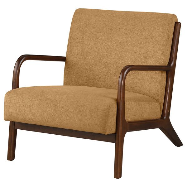 English Elm 1pc Mid-century Modern Accent Armchair with Curved Wood Frame, Soft Upholstery, Splayed Legs for Cozy Spaces Cappuccino,Honey 32 L x 31 W x 18.25 H B011P308535
