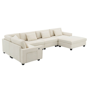 English Elm 128*67" U Shaped Sectional Sofa with Movable Ottoman, Hidden Armrest Storage, Cup Holders & USB Ports Off White N723S0192A
