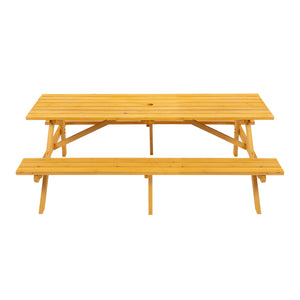 English Elm 8 Person Yellow Wooden Picnic Table with 2 Benches, Heavy-Duty Outdoor Garden Dining Table, 2" Umbrella Hole, 2220lb Capacity W1422P253376