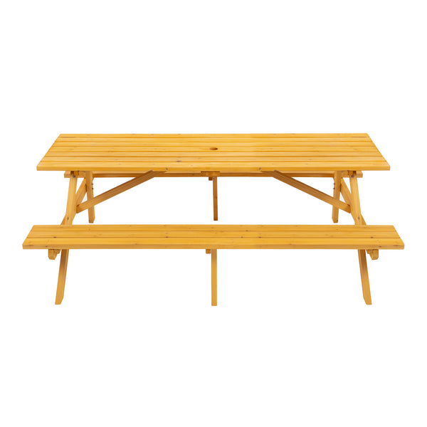 English Elm 8 Person Yellow Wooden Picnic Table with 2 Benches, Heavy-Duty Outdoor Garden Dining Table, 2" Umbrella Hole, 2220lb Capacity W1422P253376