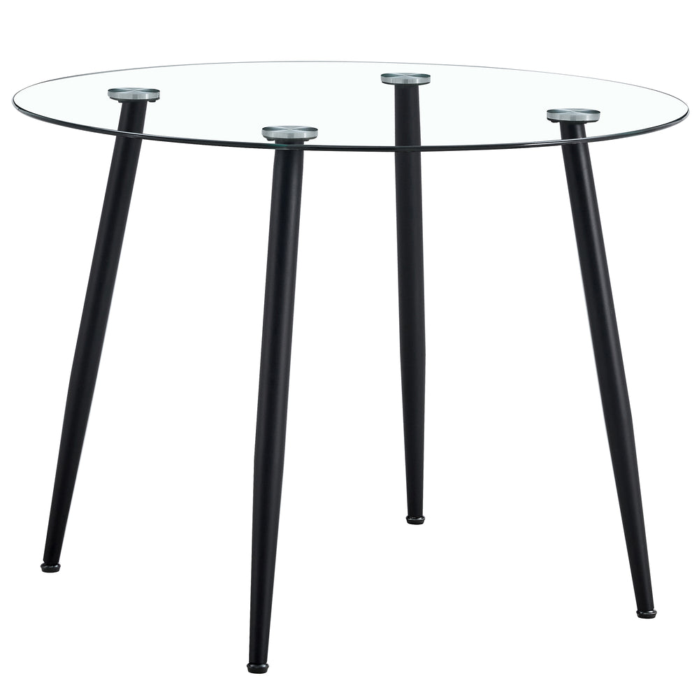 English Elm A 40-inch round glass dining table with black metal legs, minimalist design, seats 4-6, stable non-slip pads W1151S04047