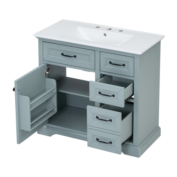 English Elm [video] 36 Inch Freestanding Bathroom Vanity Rubberwood Cabinet with Ceramic Sink Storage Grey N759P313315F
