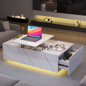 English Elm Coffee Table with Led Lighting Bluetooth Speaker Wireless Charging and Faux Marble Top T3773P415729