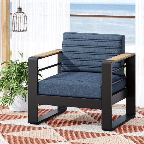 English Elm Christopher Knight Home® - GIOVANNA Club Chair with Rust-Resistant Aluminum Frame, Water-Resistant Cushions & Slat Design for Patio Comfort Blue 34.75 L x 27.75 W x 17.25 H N776P182183B