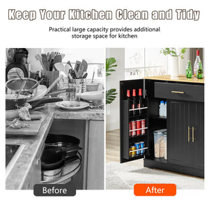English Elm 53 Inch Kitchen Island With Hidden Trash Can, Adjustable Shelves & Drawer - Stylish Black & Oak Design W1820P199484