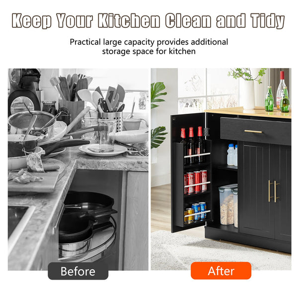 English Elm 53 Inch Large Kitchen Island With Hidden Trash Storage & Adjustable Shelves, Black & Oak Finish W1820P199483
