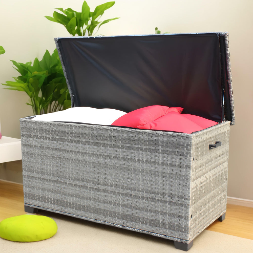 English Elm Wicker 148-Gallon Outdoor Patio Storage Box Grey PE Rattan with Steel Frame, Removable Cushion Cover, Easy Assembly W209P268315