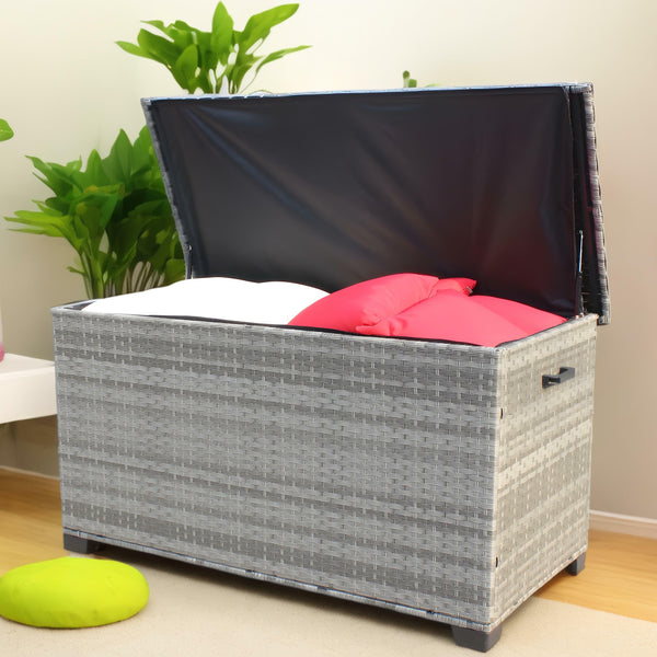English Elm Wicker 148-Gallon Outdoor Patio Storage Box Grey PE Rattan with Steel Frame, Removable Cushion Cover, Easy Assembly W209P268315