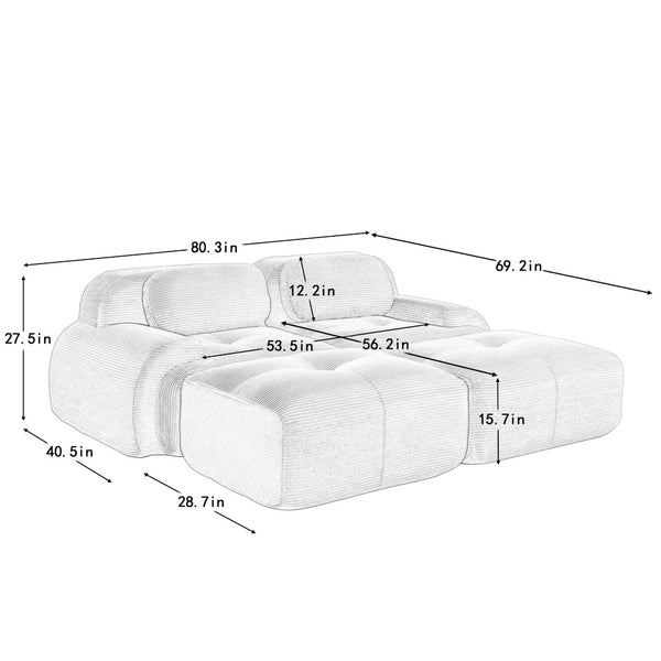 English Elm 2-seat Corduroy Modular Sectional Sofa Ergonomic Curved Design for Living Room Lounge W714S01405