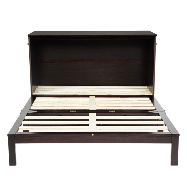 English Elm Queen Size Murphy Bed – Elegant Pine Wood Cabinet With Power Station & Rattan Accents, Espresso Finish W504S00235-GIGA