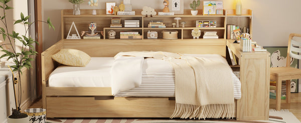 English Elm Wooden Full Size Daybed with Trundle and Built-In Desk, Side Storage Shelves for Space-Saving Rooms Natural 70 L x 18.6 W x 5.5 H N733S242277M