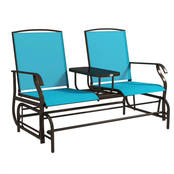 English Elm Outsunny Stylish Two-Person Glider Loveseat With Center Table, Breathable Mesh & Smooth Motion, Blue W2225P200563-GIGA