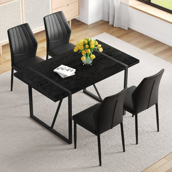 English Elm Black Faux Wood Grain Rectangular Dining Set with Shell Pattern Upholstered Chairs Black W1151S04368