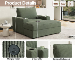 English Elm Christopher Knight Home® - 42.8" Oversized Chaise Lounge with Storage Ottoman, Corduroy Upholstery, USB Port & Cup Holders for Cozy Living Space Green N765P350851N