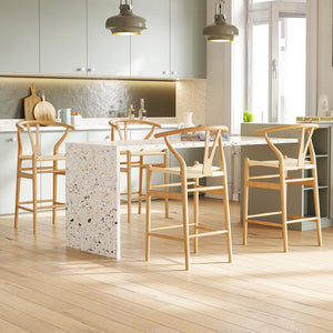 English Elm Wishbone Rattan Barstool with Woven Papercord Seat, Solid Ash Wood, Eco-Friendly Finish, Fully Assembled Natural T3623P379819