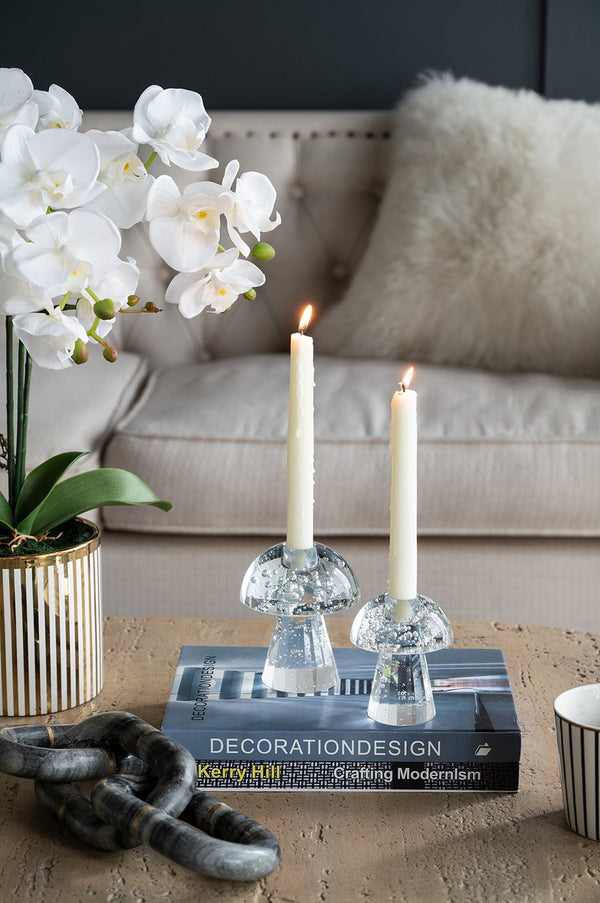 English Elm 3.9x3.9x4.7" Mushroom Shaped Glass Taper Candle Holder — Bubble-Head Artisanal Design for Tablescapes W2078P390737