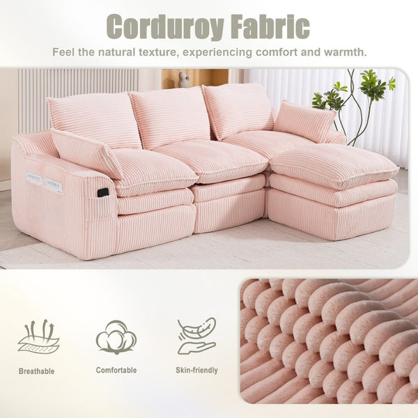 English Elm L Shaped Corduroy Modular Sectional with Cloud Cushions Footstool and Lumbar Pillows Pink W395S00138